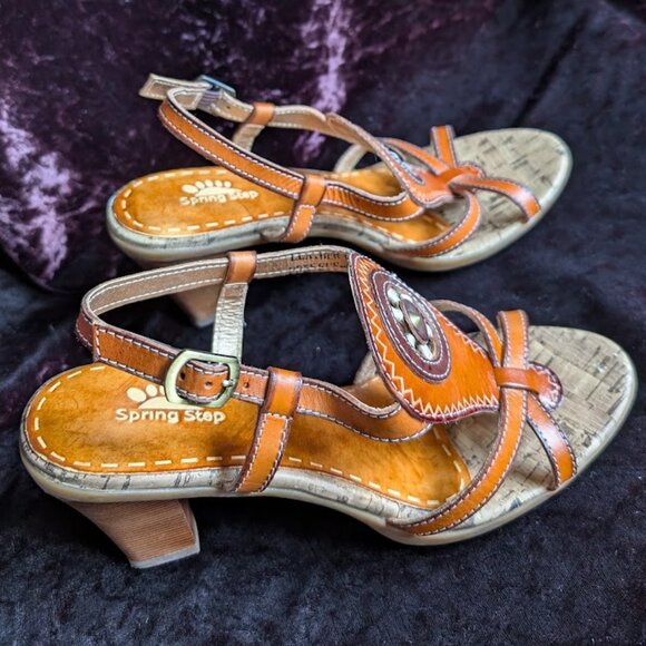 LIKE NEW Western Rodeo High-heel Sandals Medicine Wheel Leather Cork Spring Step - Picture 12 of 16